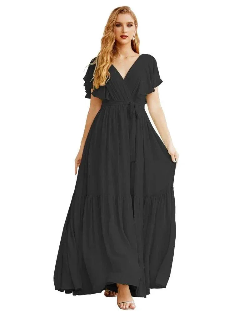 Women's Open Back Formal Evening Party Prom Gowns V-Neck Long Chiffon Bridesmaid Dresses with Waist Belt SEA28038 - Image 15