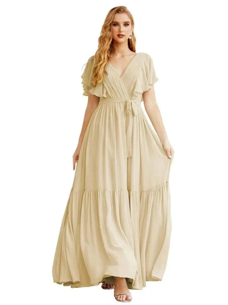 Women's Open Back Formal Evening Party Prom Gowns V-Neck Long Chiffon Bridesmaid Dresses with Waist Belt SEA28038 - Image 16