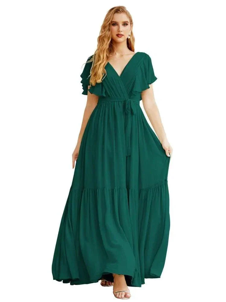 Women's Open Back Formal Evening Party Prom Gowns V-Neck Long Chiffon Bridesmaid Dresses with Waist Belt SEA28038 - Image 17