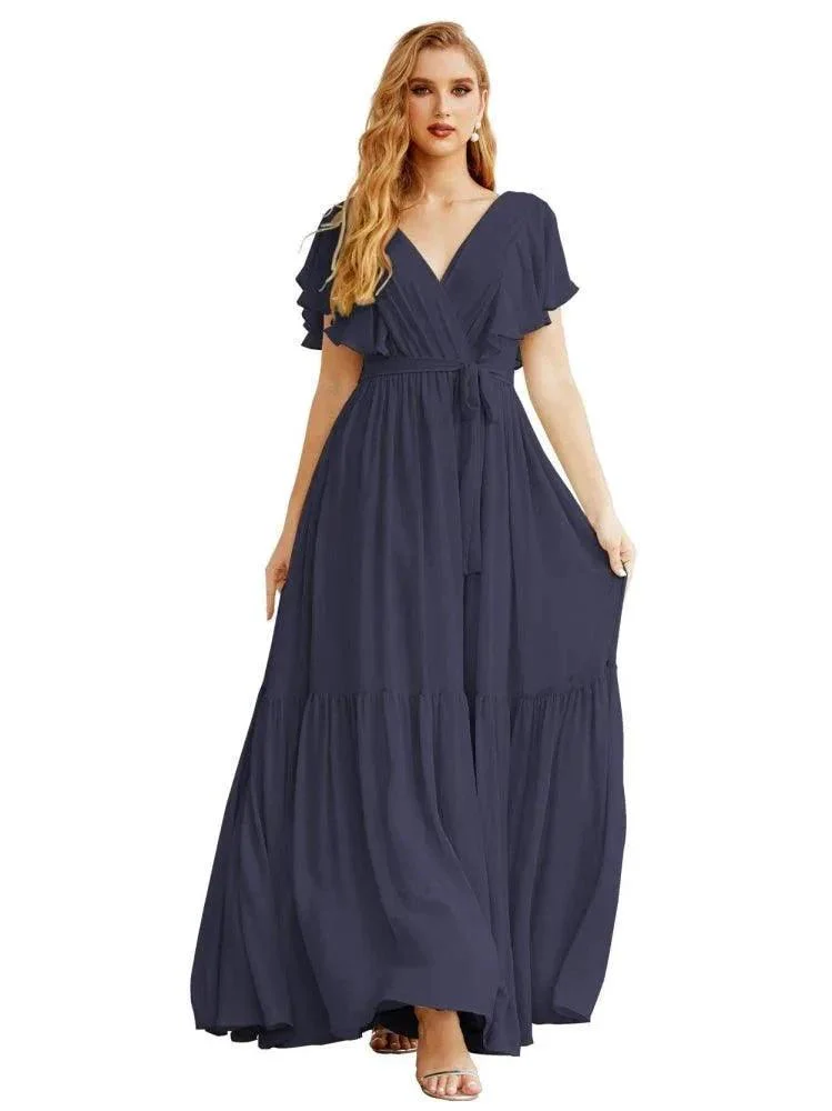 Women's Open Back Formal Evening Party Prom Gowns V-Neck Long Chiffon Bridesmaid Dresses with Waist Belt SEA28038 - Image 18