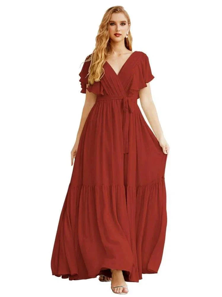 Women's Open Back Formal Evening Party Prom Gowns V-Neck Long Chiffon Bridesmaid Dresses with Waist Belt SEA28038 - Image 19