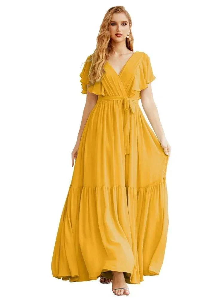 Women's Open Back Formal Evening Party Prom Gowns V-Neck Long Chiffon Bridesmaid Dresses with Waist Belt SEA28038 - Image 2