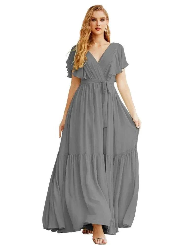 Women's Open Back Formal Evening Party Prom Gowns V-Neck Long Chiffon Bridesmaid Dresses with Waist Belt SEA28038 - Image 20