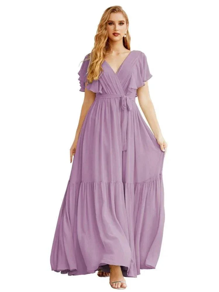 Women's Open Back Formal Evening Party Prom Gowns V-Neck Long Chiffon Bridesmaid Dresses with Waist Belt SEA28038 - Image 21