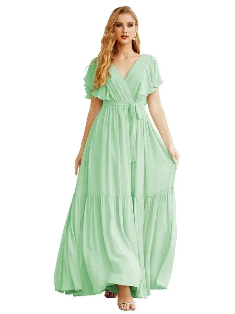 Women's Open Back Formal Evening Party Prom Gowns V-Neck Long Chiffon Bridesmaid Dresses with Waist Belt SEA28038 - Image 22