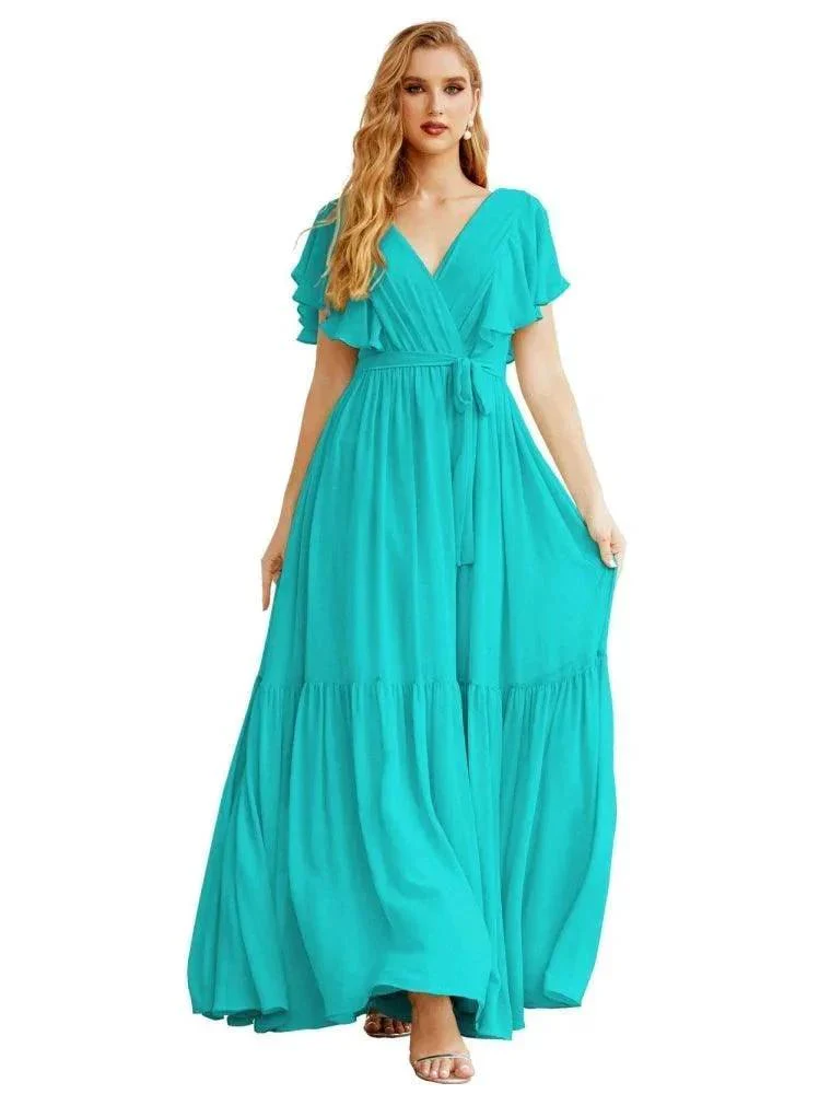 Women's Open Back Formal Evening Party Prom Gowns V-Neck Long Chiffon Bridesmaid Dresses with Waist Belt SEA28038 - Image 23