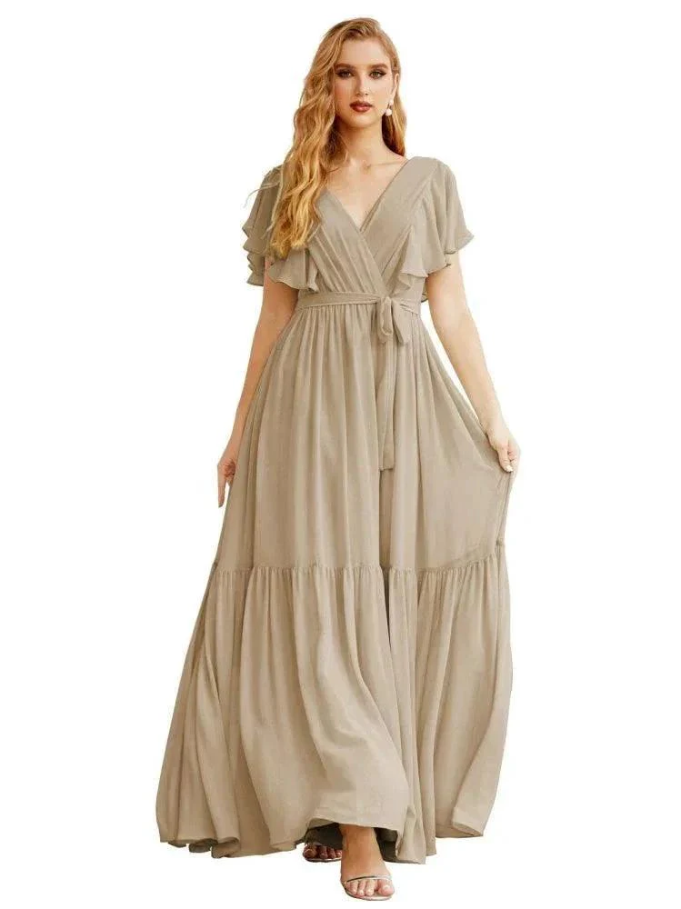 Women's Open Back Formal Evening Party Prom Gowns V-Neck Long Chiffon Bridesmaid Dresses with Waist Belt SEA28038 - Image 24