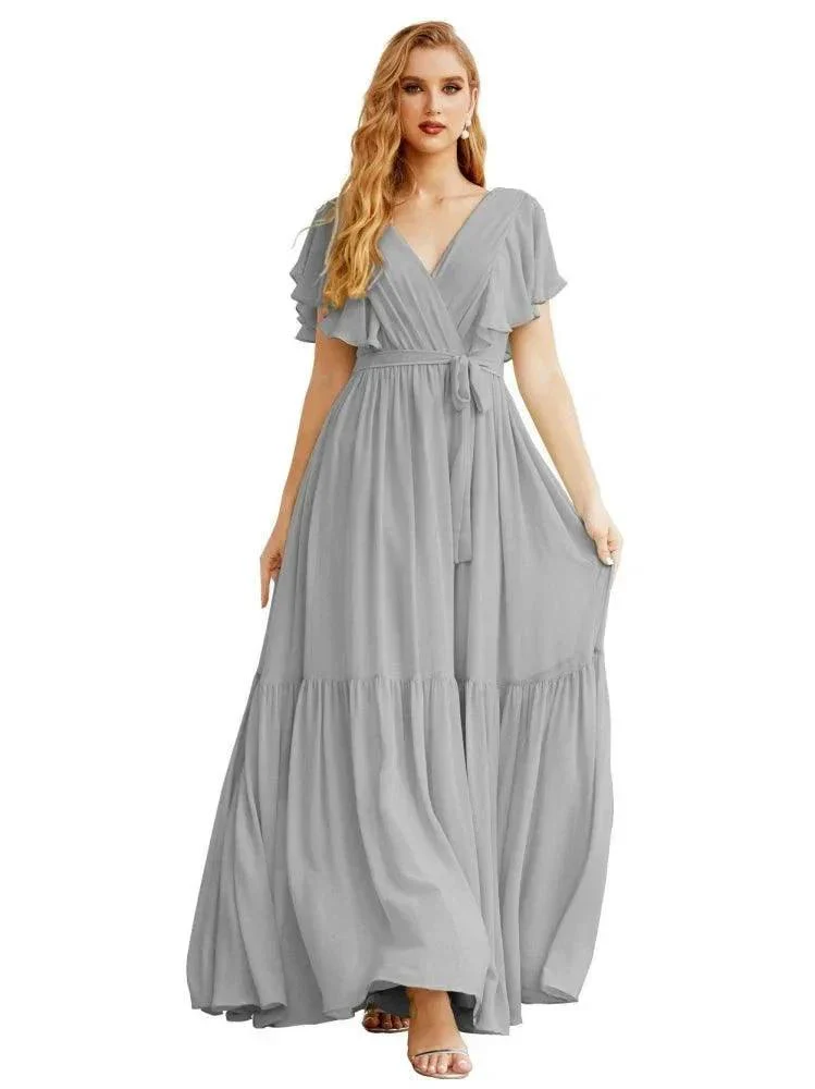 Women's Open Back Formal Evening Party Prom Gowns V-Neck Long Chiffon Bridesmaid Dresses with Waist Belt SEA28038 - Image 25