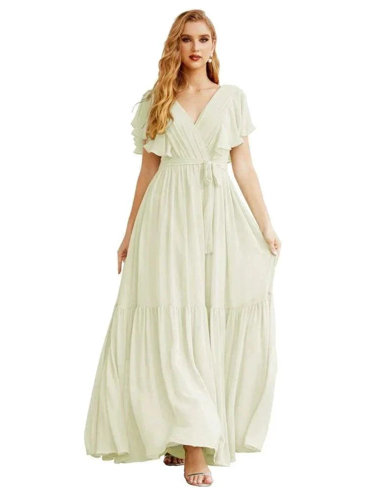 Women's Open Back Formal Evening Party Prom Gowns V-Neck Long Chiffon Bridesmaid Dresses with Waist Belt SEA28038 - Image 26