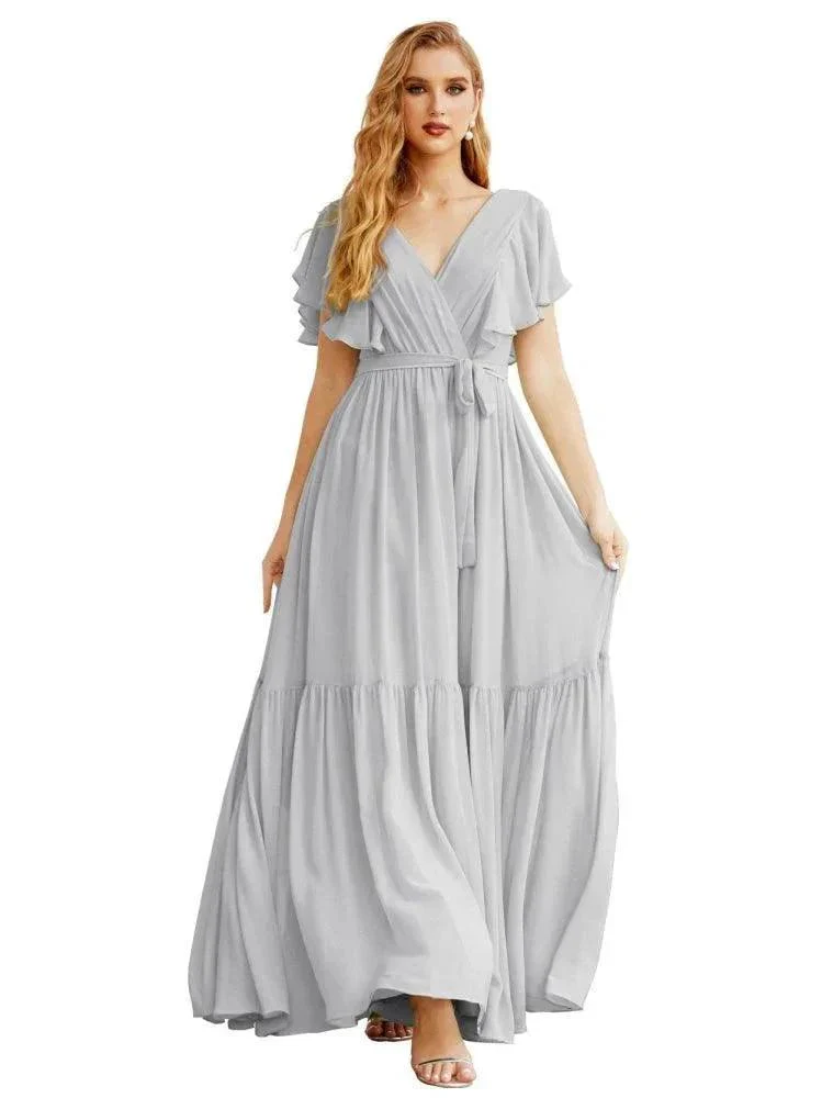 Women's Open Back Formal Evening Party Prom Gowns V-Neck Long Chiffon Bridesmaid Dresses with Waist Belt SEA28038 - Image 27