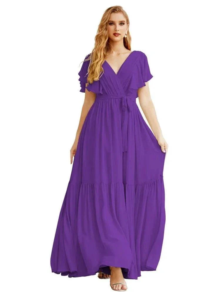 Women's Open Back Formal Evening Party Prom Gowns V-Neck Long Chiffon Bridesmaid Dresses with Waist Belt SEA28038 - Image 28