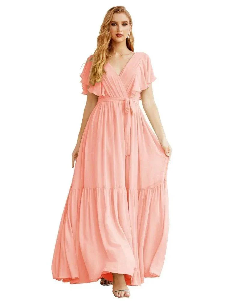 Women's Open Back Formal Evening Party Prom Gowns V-Neck Long Chiffon Bridesmaid Dresses with Waist Belt SEA28038 - Image 29