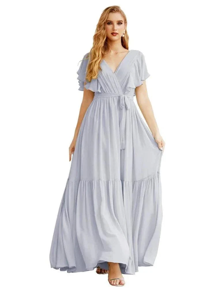 Women's Open Back Formal Evening Party Prom Gowns V-Neck Long Chiffon Bridesmaid Dresses with Waist Belt SEA28038 - Image 3