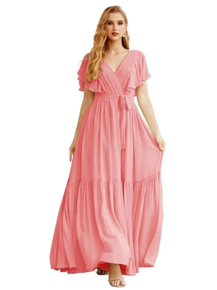 Women's Open Back Formal Evening Party Prom Gowns V-Neck Long Chiffon Bridesmaid Dresses with Waist Belt SEA28038 - Image 30