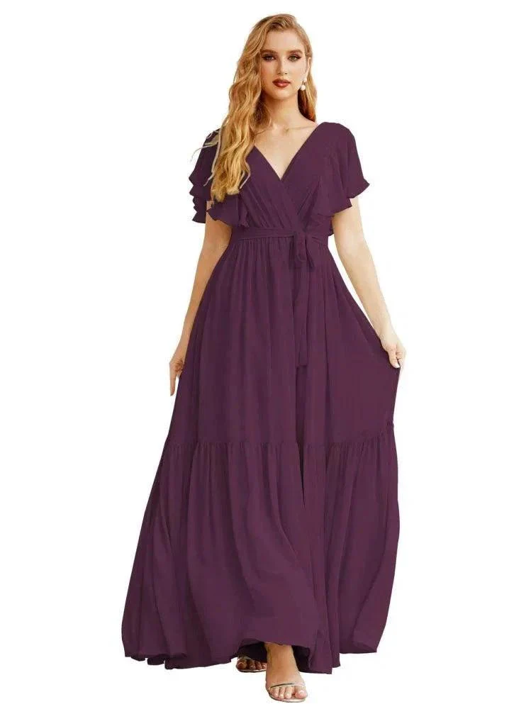 Women's Open Back Formal Evening Party Prom Gowns V-Neck Long Chiffon Bridesmaid Dresses with Waist Belt SEA28038 - Image 31