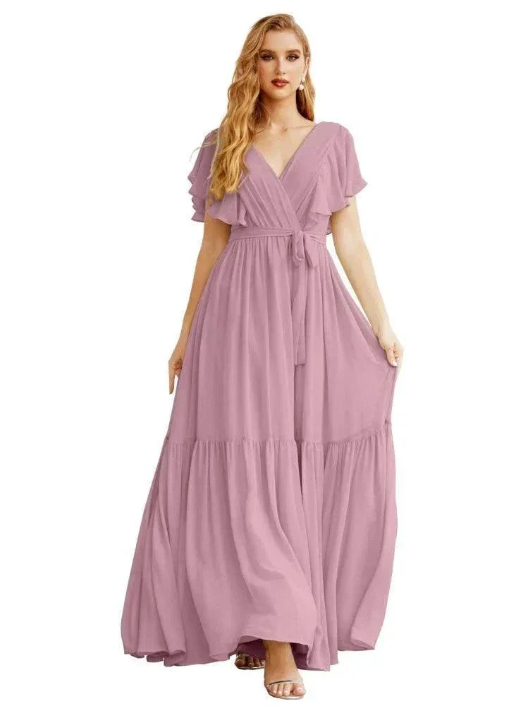 Women's Open Back Formal Evening Party Prom Gowns V-Neck Long Chiffon Bridesmaid Dresses with Waist Belt SEA28038 - Image 32
