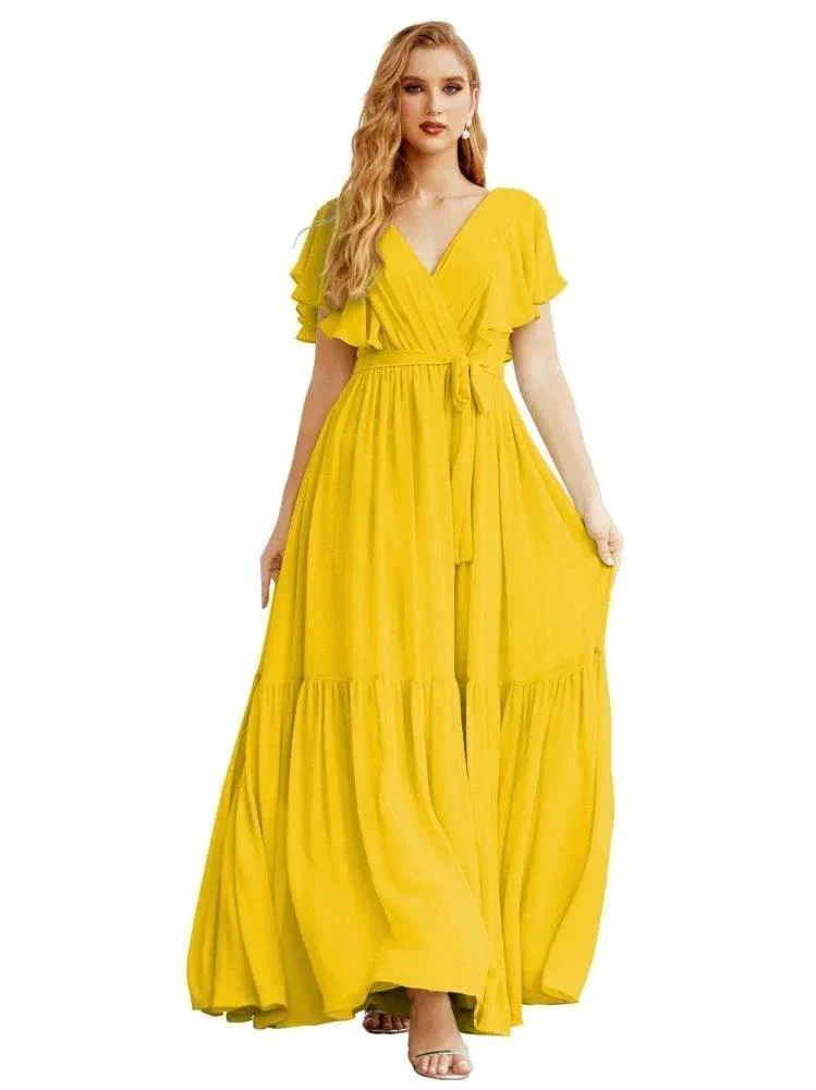 Women's Open Back Formal Evening Party Prom Gowns V-Neck Long Chiffon Bridesmaid Dresses with Waist Belt SEA28038 - Image 33