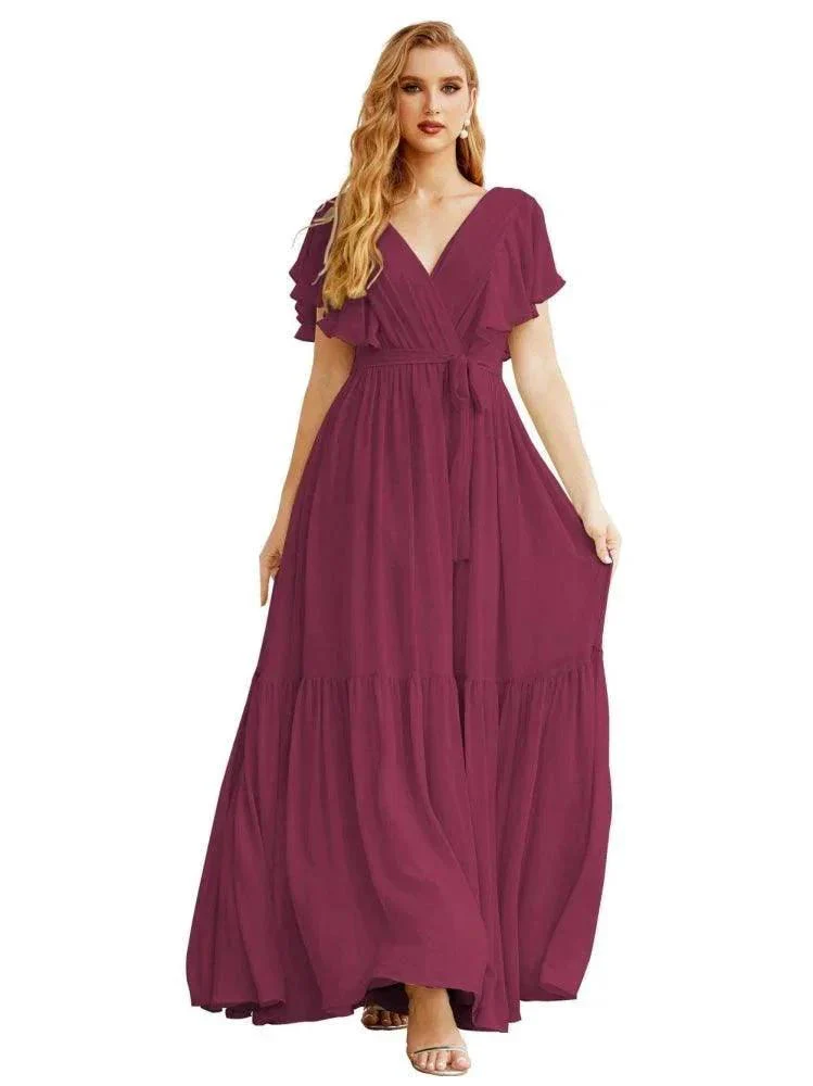 Women's Open Back Formal Evening Party Prom Gowns V-Neck Long Chiffon Bridesmaid Dresses with Waist Belt SEA28038 - Image 34