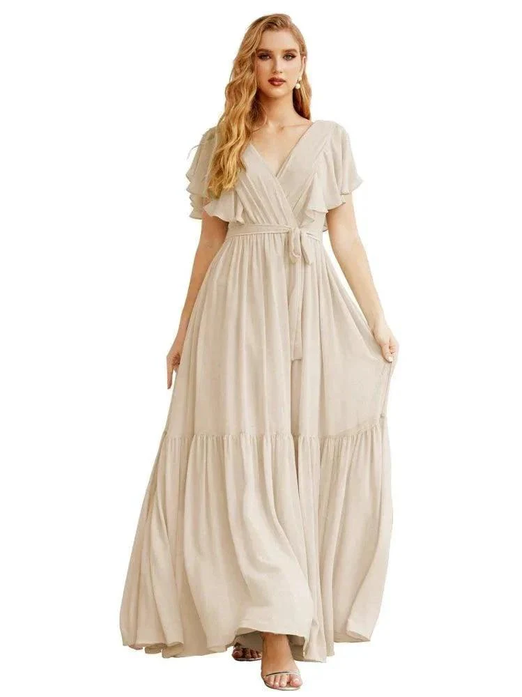 Women's Open Back Formal Evening Party Prom Gowns V-Neck Long Chiffon Bridesmaid Dresses with Waist Belt SEA28038 - Image 35