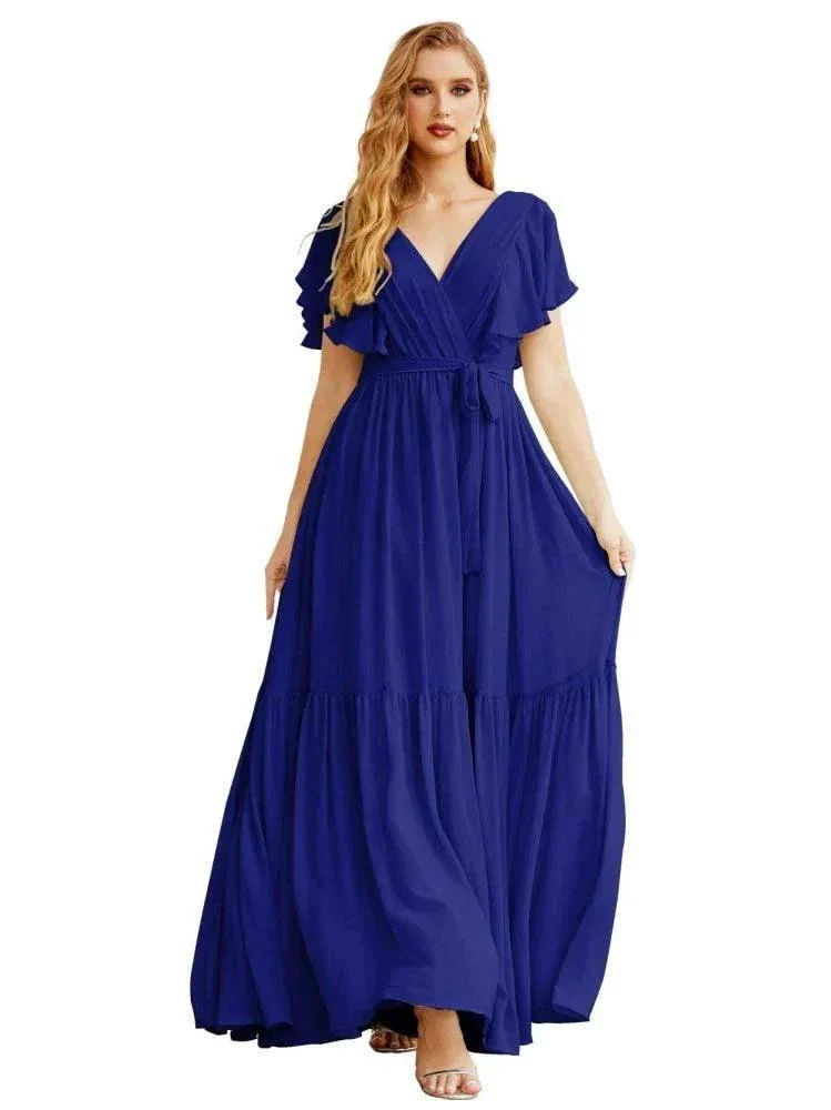 Women's Open Back Formal Evening Party Prom Gowns V-Neck Long Chiffon Bridesmaid Dresses with Waist Belt SEA28038 - Image 37