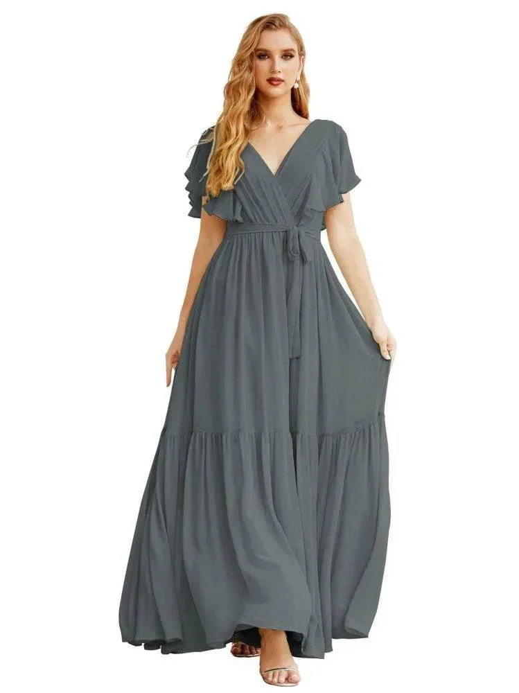 Women's Open Back Formal Evening Party Prom Gowns V-Neck Long Chiffon Bridesmaid Dresses with Waist Belt SEA28038 - Image 38