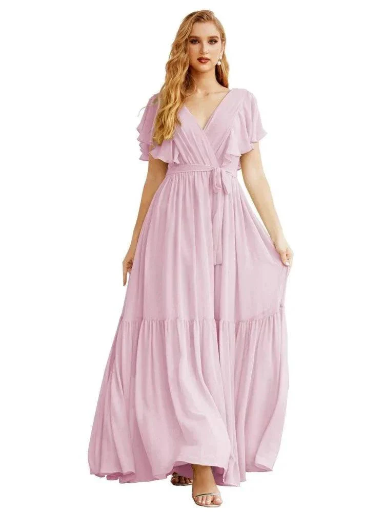 Women's Open Back Formal Evening Party Prom Gowns V-Neck Long Chiffon Bridesmaid Dresses with Waist Belt SEA28038 - Image 39