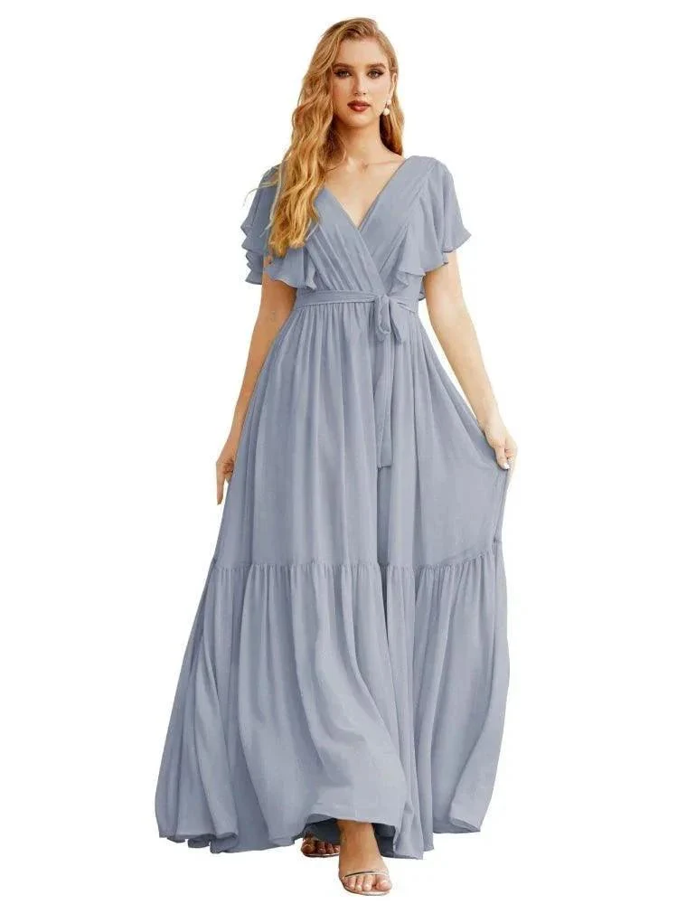 Women's Open Back Formal Evening Party Prom Gowns V-Neck Long Chiffon Bridesmaid Dresses with Waist Belt SEA28038 - Image 4