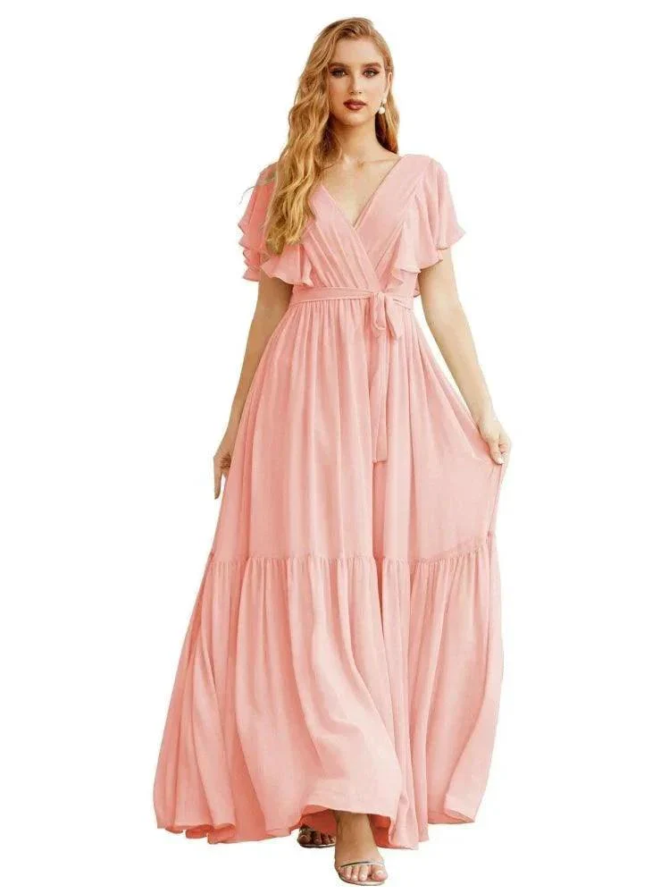 Women's Open Back Formal Evening Party Prom Gowns V-Neck Long Chiffon Bridesmaid Dresses with Waist Belt SEA28038 - Image 40