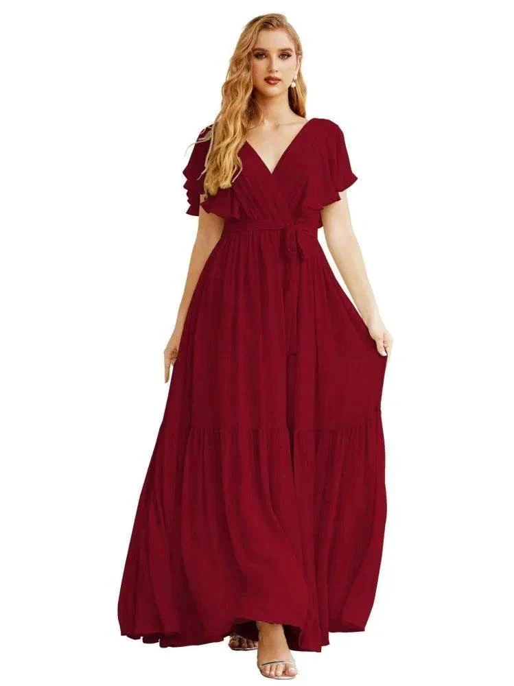 Women's Open Back Formal Evening Party Prom Gowns V-Neck Long Chiffon Bridesmaid Dresses with Waist Belt SEA28038 - Image 41