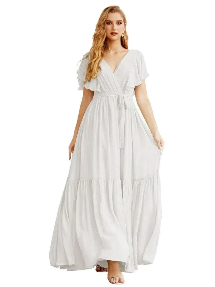 Women's Open Back Formal Evening Party Prom Gowns V-Neck Long Chiffon Bridesmaid Dresses with Waist Belt SEA28038 - Image 42