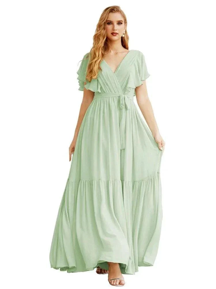 Women's Open Back Formal Evening Party Prom Gowns V-Neck Long Chiffon Bridesmaid Dresses with Waist Belt SEA28038 - Image 5