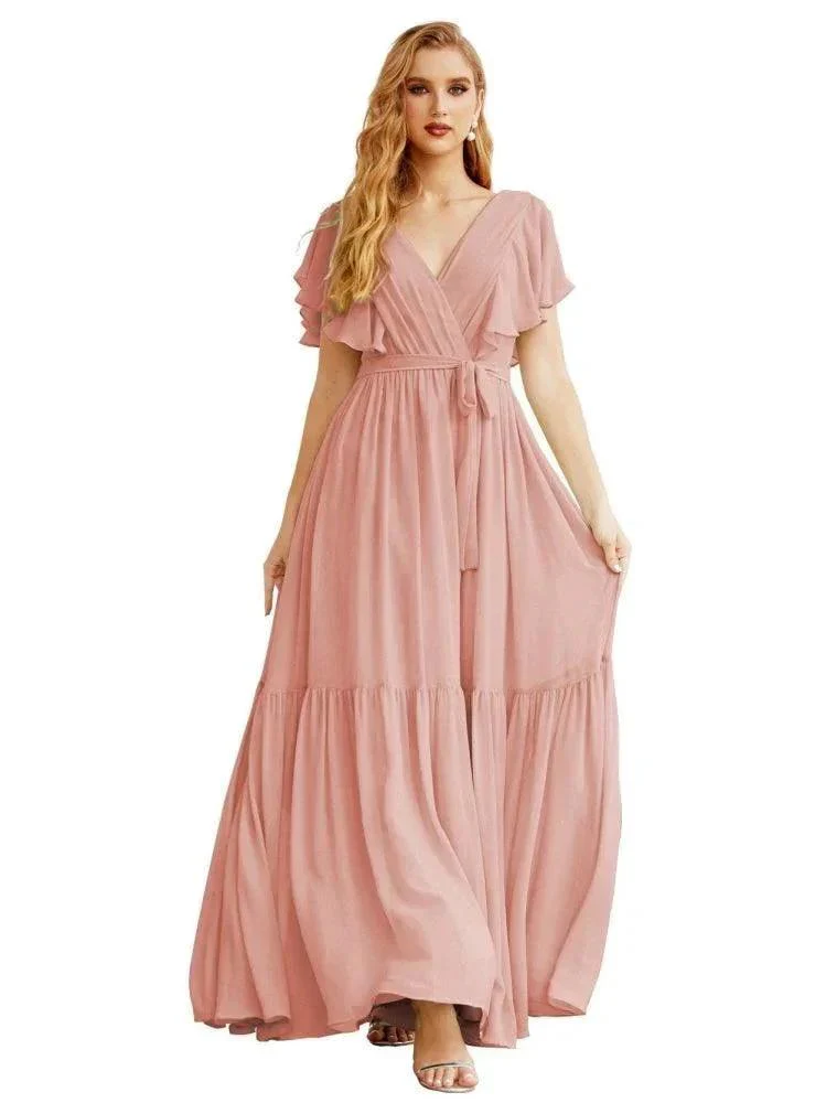 Women's Open Back Formal Evening Party Prom Gowns V-Neck Long Chiffon Bridesmaid Dresses with Waist Belt SEA28038 - Image 6