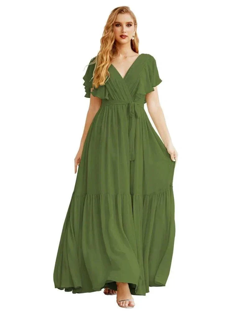 Women's Open Back Formal Evening Party Prom Gowns V-Neck Long Chiffon Bridesmaid Dresses with Waist Belt SEA28038 - Image 7