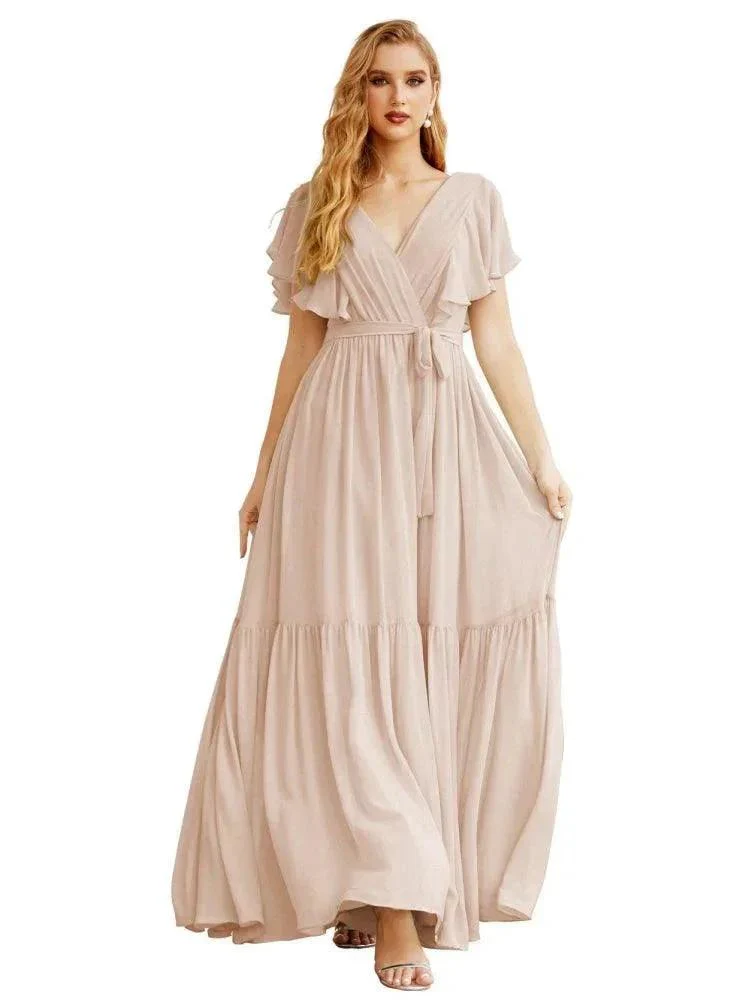 Women's Open Back Formal Evening Party Prom Gowns V-Neck Long Chiffon Bridesmaid Dresses with Waist Belt SEA28038 - Image 8