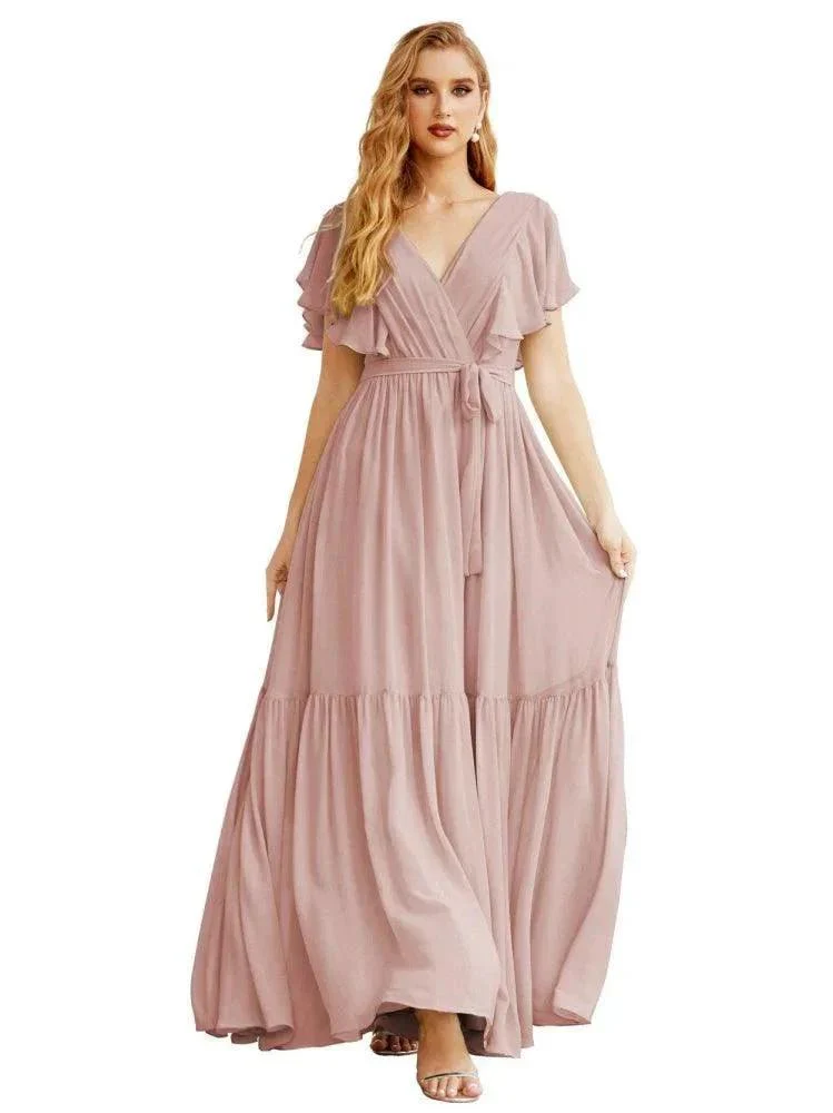 Women's Open Back Formal Evening Party Prom Gowns V-Neck Long Chiffon Bridesmaid Dresses with Waist Belt SEA28038 - Image 9