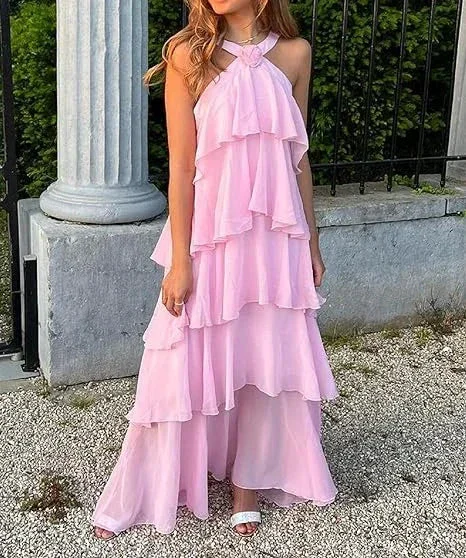 Women's Pink A-line Tiered Prom Dress Pink Backless Evening Dress Y4532 - Image 4