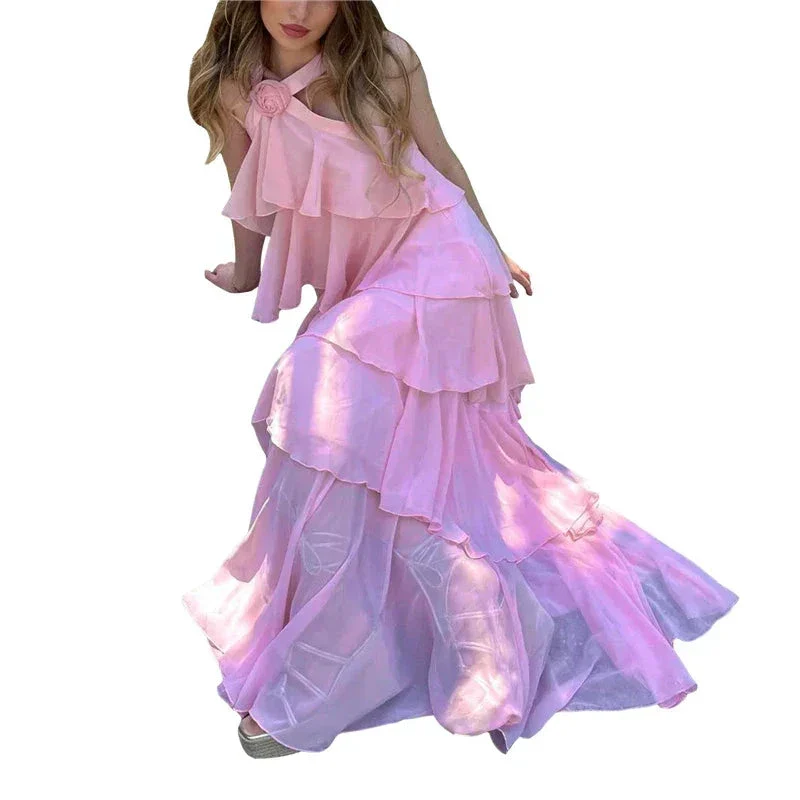 Women's Pink A-line Tiered Prom Dress Pink Backless Evening Dress Y4532 - Image 5