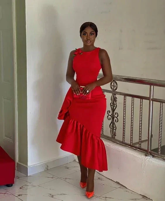 Women's Red Irregular Ruffled Round Neck Christmas Sleeveless Elegant Party Evening Dress Y4109 - Image 2