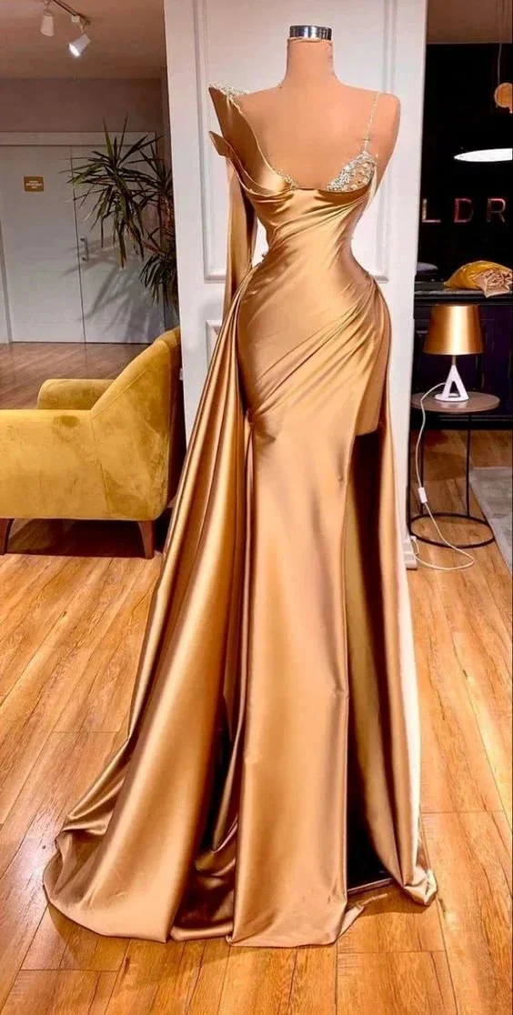 Womens Satin Mermaid Evening Dress Gold Crystal One Shoulder Prom Dress Custom Made Y63 - Image 2