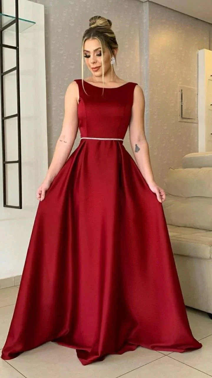 Women's Scoop Satin Prom Dresses Long Burgundy Formal Evening Gowns for Wedding Y5148 - Image 2
