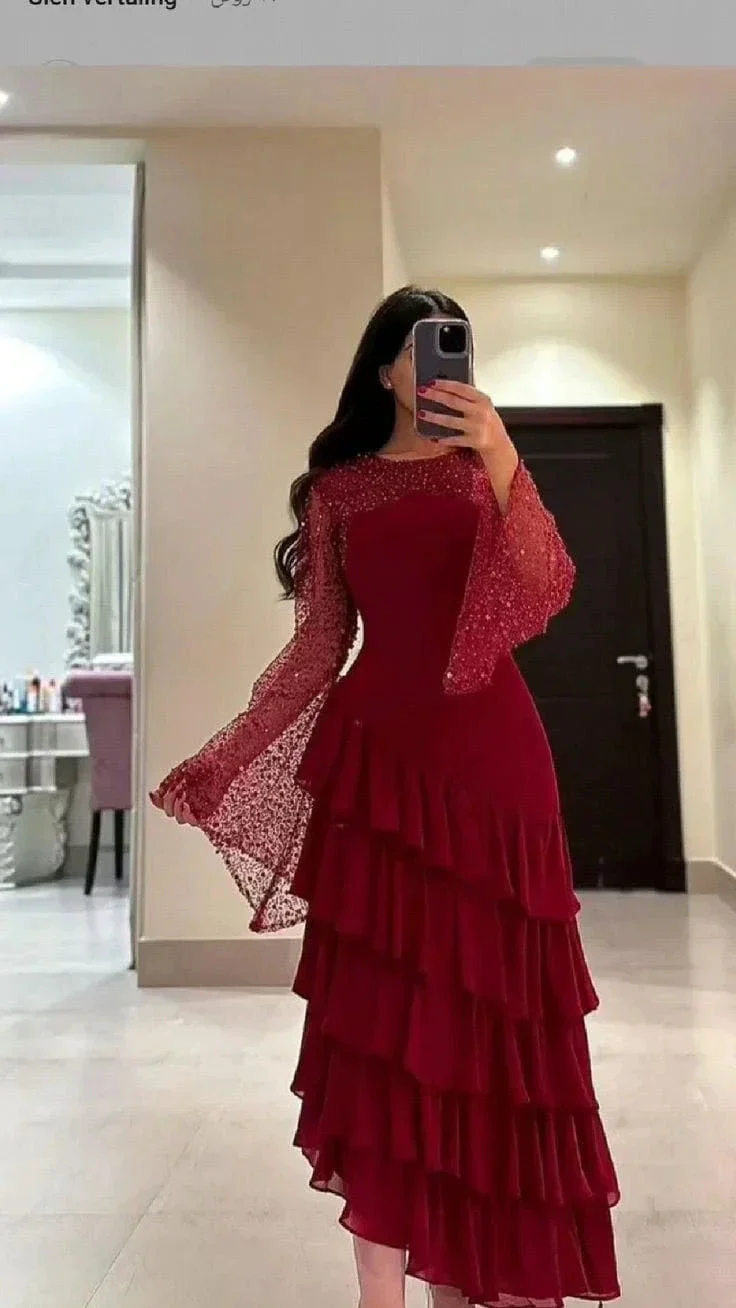 Women's Sequin Prom Dress Chiffon Tiered Burgundy Evening Dress Y7616 - Image 2