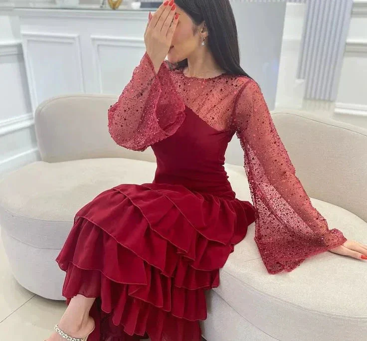 Women's Sequin Prom Dress Chiffon Tiered Burgundy Evening Dress Y7616 - Image 3