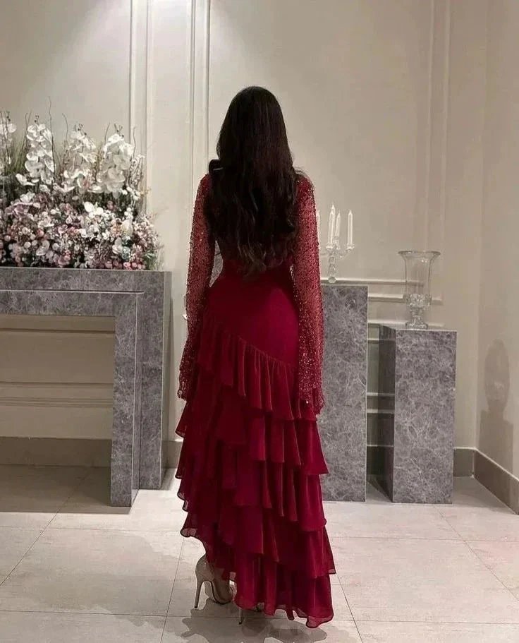 Women's Sequin Prom Dress Chiffon Tiered Burgundy Evening Dress Y7616 - Image 4