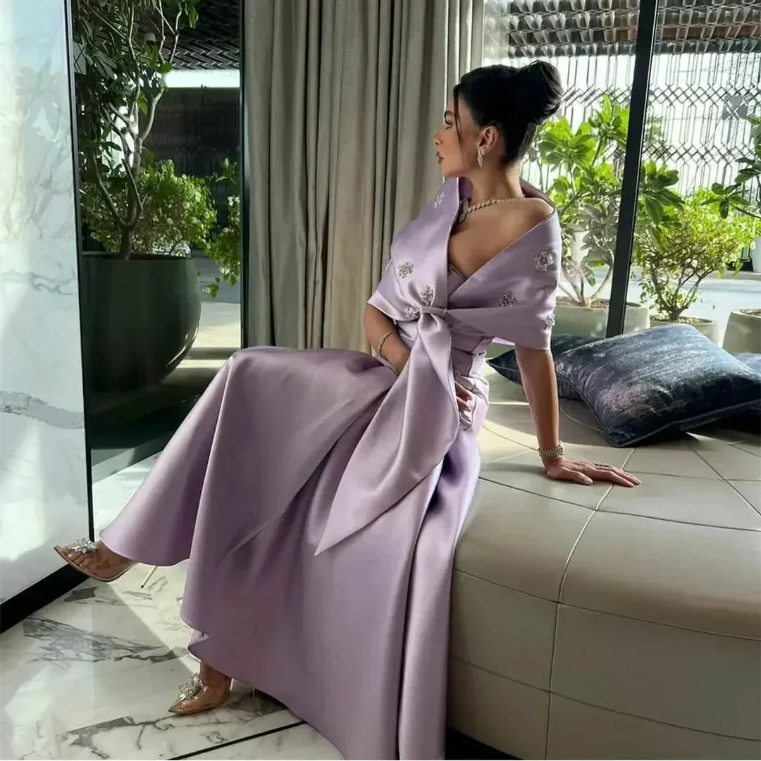 Women's Strapless Satin Evening Dresses Vintage Wrap Beading Floor Length Long Dress Y4868 - Image 2