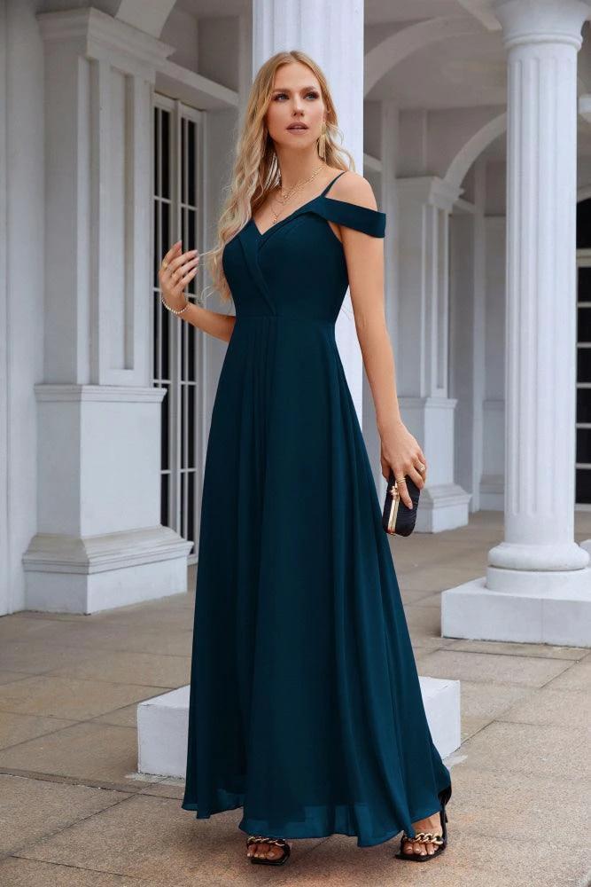 Women's thin strap off the shoulder bridesmaid mopping the floor evening dress 28093 - Image 130