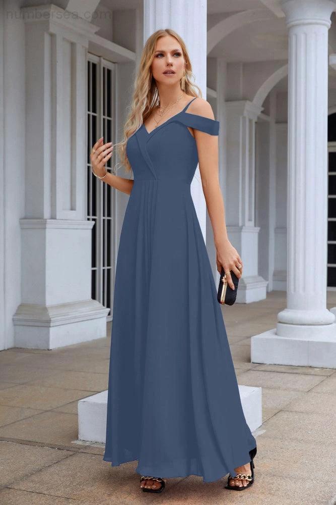 Women's thin strap off the shoulder bridesmaid mopping the floor evening dress 28093 - Image 231