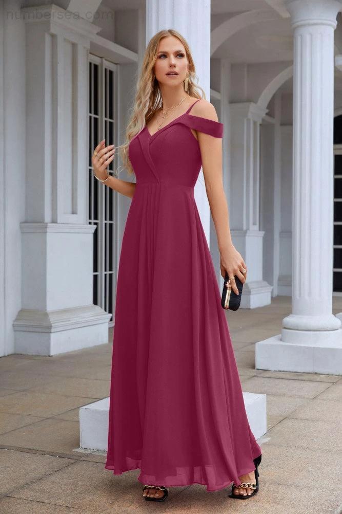 Women's thin strap off the shoulder bridesmaid mopping the floor evening dress 28093 - Image 243