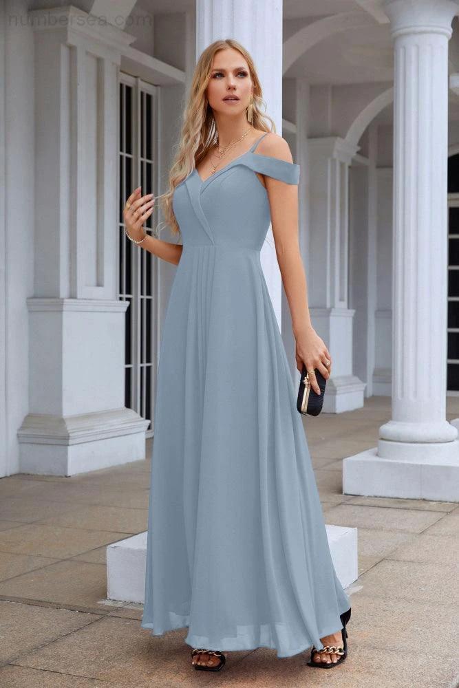 Women's thin strap off the shoulder bridesmaid mopping the floor evening dress 28093 - Image 247