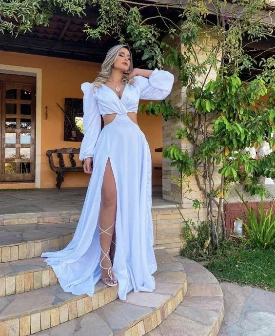 Women's V-neck Puff Long-sleeve Slit Long Evening Dress Y5999 - Image 2