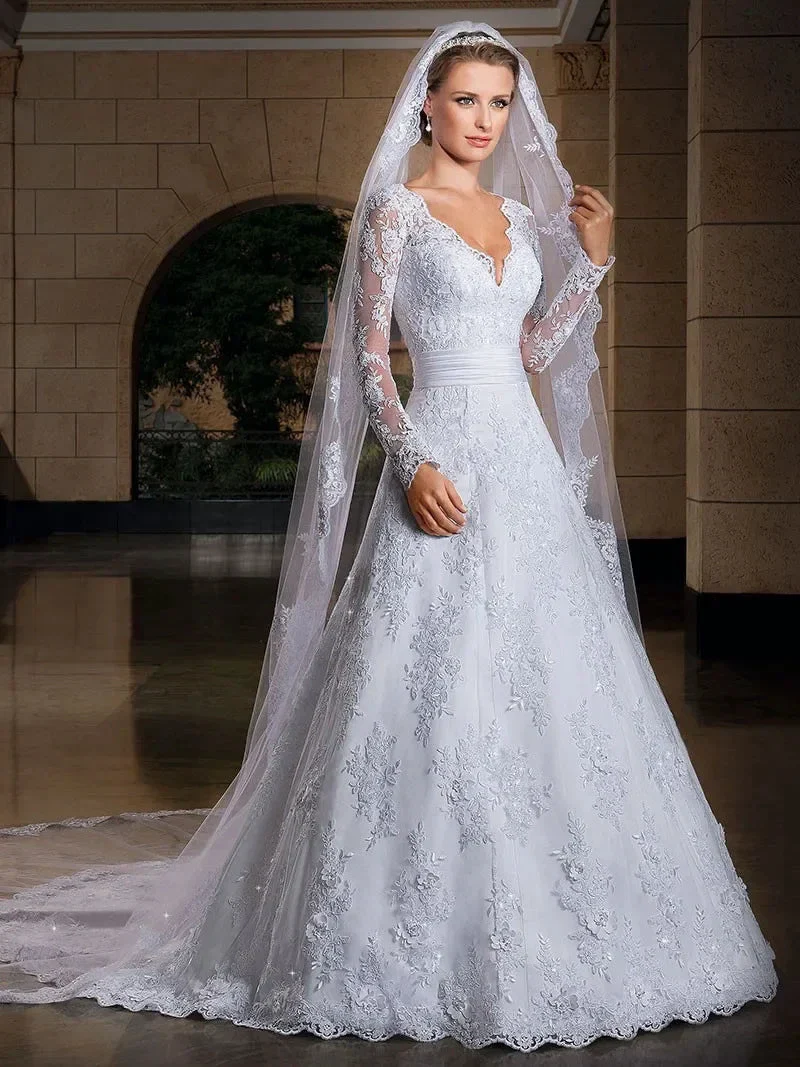 Women's Wedding dress long sleeve Lace beading princess Wedding Dress plus size bride dress robe de mariee - Image 2